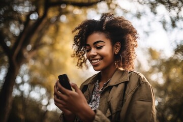 Sticker - shot of a young woman enjoying the outdoors while using her cellphone