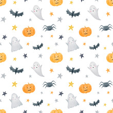 Halloween Watercolor Hand-painted Seamless Pattern With Ghost, Stars, Pumpkin, Bat. Fall Holidays Digital Paper. 