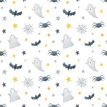 Halloween Watercolor Hand-painted Seamless Pattern With Ghost, Stars, Bat. Fall Holidays Digital Paper. 