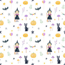 Halloween Watercolor Hand-painted Seamless Pattern With Ghost, Stars, Pumpkin, Witch, Bat. Fall Holidays Digital Paper. 