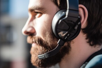 Sticker - closeup shot of a headset with a man overlapping in the background