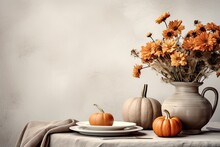 Thanksgiving Day Still Life With Autumn Pumpkins, Orange Flowers . Interior. Generative AI.