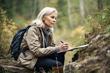 shot of a mature woman making notes while out in nature