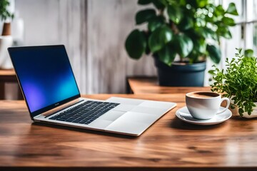 wooden table with laptop blue screen and a cup of coffee, complemented by a vibrant potted plant blu