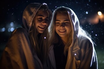 Poster - shot of two carefree young friends having fun together outdoors at night