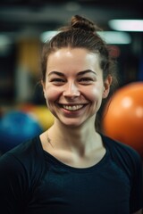 Sticker - fitness, health and happy woman in exercise with a smile during training and workout at the gym