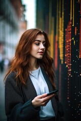 Canvas Print - shot of a young woman using her smartphone while standing in front of a wall that is displaying data