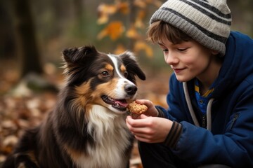 Poster - a young man giving his best friend a treat