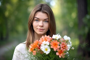 a beautiful young woman holding a bunch of flowers