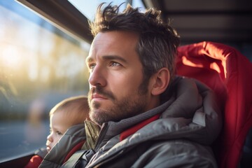 Wall Mural - A father with a child rides a bus.