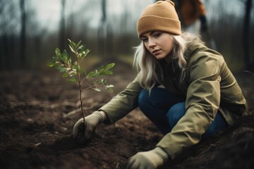 Wall Mural - shot of a young woman helping plant new trees in an area behind her