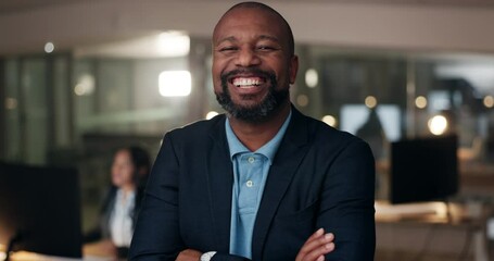 Sticker - Business, portrait and black man with arms crossed, smile and leadership with corporate pride. Businessman, startup boss or happy ceo with confidence, professional senior management in office