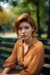 Wall Mural - portrait of an attractive young woman sitting on a park bench