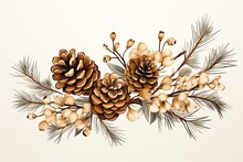 Pinecones On A Light Background With Golden Accents