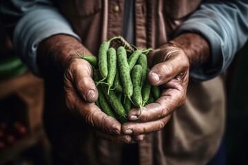 Sticker - cropped shot of an unrecognizable man holding a bunch of freshly harvested green beans in his hands