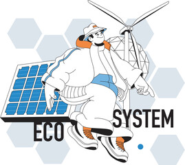Aufkleber - Eco system concept with people scene in flat line design for web. Man using solar panels and wind power station for energy resource. Vector illustration for social media banner, marketing material.