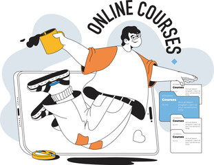 Poster - Online courses concept with people scene in flat line design for web. Man learning at educational platform with tutorials and lectures. Vector illustration for social media banner, marketing material.