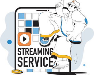 Poster - Streaming service concept with people scene in flat line design for web. Man using online cinema platform or video stream player app. Vector illustration for social media banner, marketing material.