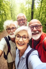 selfie, volunteer and happy with senior couple on nature walk, adventure or bonding in retirement