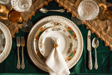 Elegant dinner table setting arrangement in English country style as flatlay tablescape, folded napkin on a serving plate, tableware and holiday table decor, generative ai