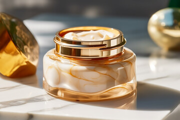 Luxury gold face cream jar on luxurious marble under golden sunlight at spa, beauty and skincare product, generative ai