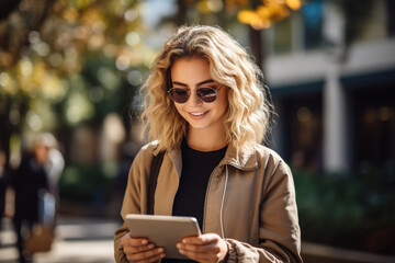 Smiling attractive young woman wearing sunglasses and casual clothes using tablet outdoors on a sunny autumn day, lifestyle