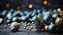 Christmas Background With Blue Baubles, Pine Cones And Bokeh. Beautiful Christmas Card.