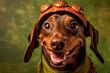 Close-up portrait photography of a smiling dachshund wearing a dinosaur costume against a copper brown background. With generative AI technology
