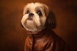 Photography in the style of pensive portraiture of a smiling shih tzu wearing a therapeutic coat against a copper brown background. With generative AI technology