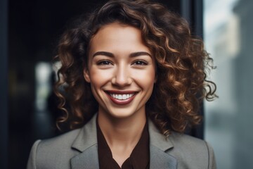 cropped portrait of a smiling young businesswoman standing in front of her office