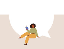 Happy Woman With Book Sits On The Big Empty Speech Bubble. Girl Is On The Large Frame Online Message And Reading Something. Business Female Sharing Her Opinions. Education Concept. Vector Illustration