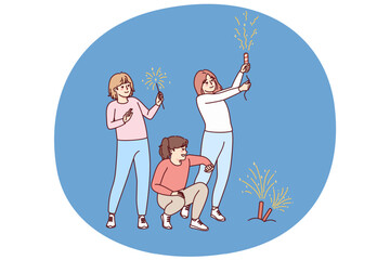 Wall Mural - Happy children have fun throwing fireworks outdoors. Smiling girls kids celebrate with festive illuminations. Vector illustration.