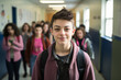 Photography of non binary teen person in school hallway with kids in the background generated by AI
