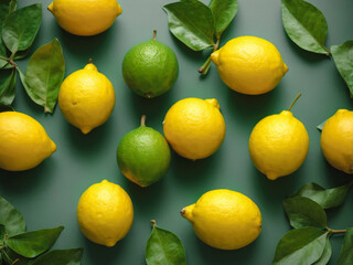 Creative food summer citrus fruits banner panorama wallpaper, seamless pattern texture - Top view of many fresh lemons, slices and leaves, isolated on green background