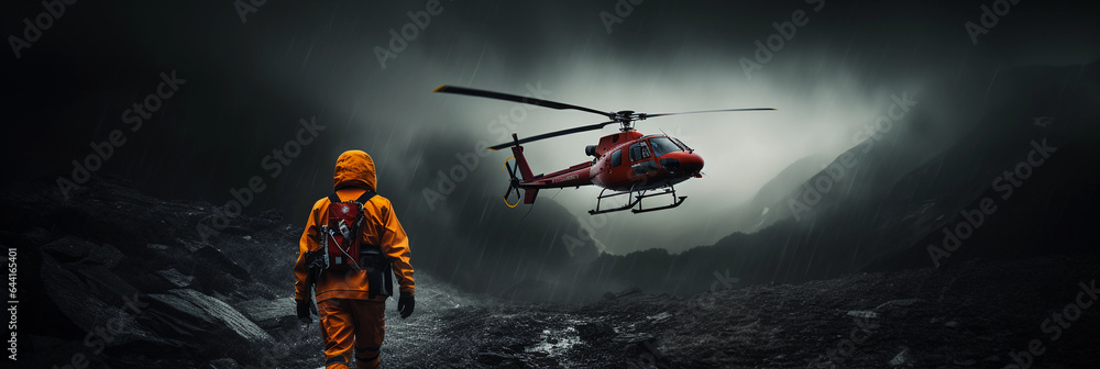 Helicopter Rescue Operation In A Stormy Mountain Region Rain And Wind helicopter-rescue-operation-in-a-stormy-mountain-region-rain-and-wind