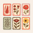 set of vintage/retro stamp sticker for postcard/letter/envelope with flower illustrations tulips autumn fall sunflower for scrapbook notes journal