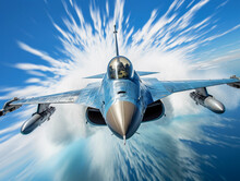 High - Speed Capture Of An Fighter Jet Breaking The Sound Barrier, Visible Sonic Boom, Perfectly Clear Blue Sky, Ultra - Detailed