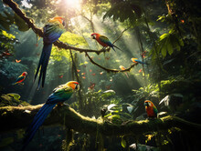 A Dense Tropical Rainforest, Colorful Birds Perched On Lush, Green Canopies, Sunlight Filtering Through Leaves Creating Dappled Patterns On The Forest Floor