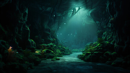 Wall Mural - a tropical cave with bioluminescent plants and fungi, mystical and otherworldly atmosphere