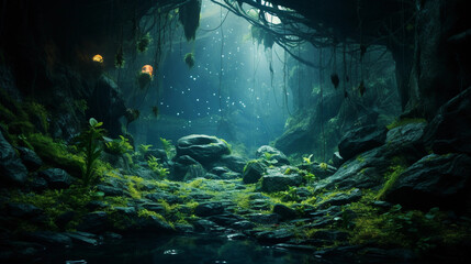 Wall Mural - a tropical cave with bioluminescent plants and fungi, mystical and otherworldly atmosphere