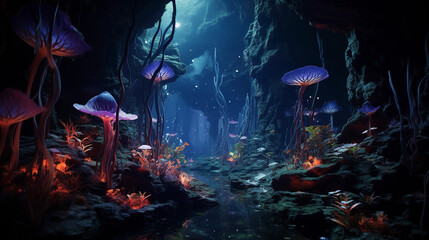 Wall Mural - a tropical cave with bioluminescent plants and fungi, mystical and otherworldly atmosphere