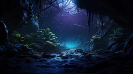 Wall Mural - a tropical cave with bioluminescent plants and fungi, mystical and otherworldly atmosphere