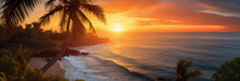 A Tropical Sunset From A Cliff, Overlooking An Endless Ocean, Warm Hues In The Sky, Silhouettes Of Palm Trees, Golden Hour