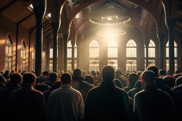 Poster - A crowd of people in a mosque at prayer.