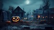 Halloween illuminated candle lit pumpkin head jack-o-lanterns in cemetery at night. scary full moon graveyard, haunted houses, creepy witch hour - generative AI