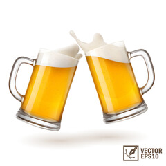 two mugs of light beer toasting creating splash, 3D realistic glasses with handle