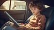 © piai - Kid is reading a book sitting in the back seat of a car. Generative AI