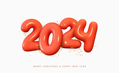 Wall Mural - Happy New Year 2024. Number Realistic cartoon plastic 3d render with gold glitter. Christmas decoration. Celebrate party red sign 2024. New year Poster, banner, cover card, brochure, for flyer design
