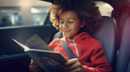 Kid is reading a book sitting in the back seat of a car. Generative AI