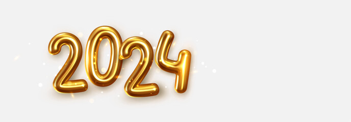 Wall Mural - Happy New Year 2024. Golden realistic metallic 3d numbers with golden lights blur bokeh. Christmas horizontal poster, banner, cover card, brochure, flyer, layout design. Vector illustration